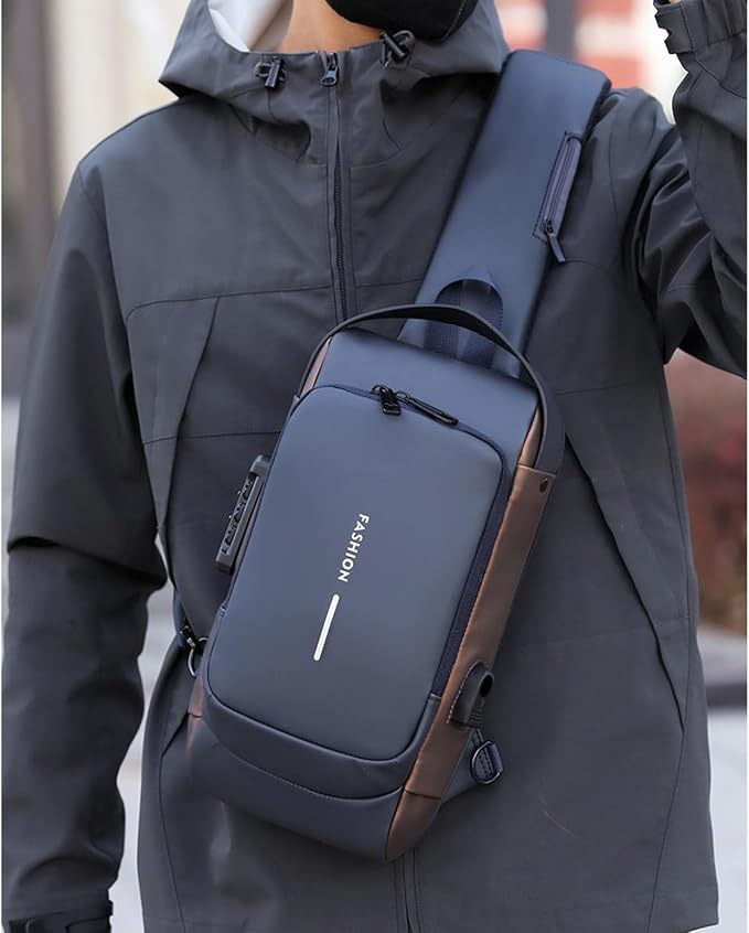 Anti-Theft Sling Bag for Men Waterproof Crossbody Bag with Combination Lock & USB Charging Port Lightweight Chest Backpack for Travel Hiking (Blue) - Image 2