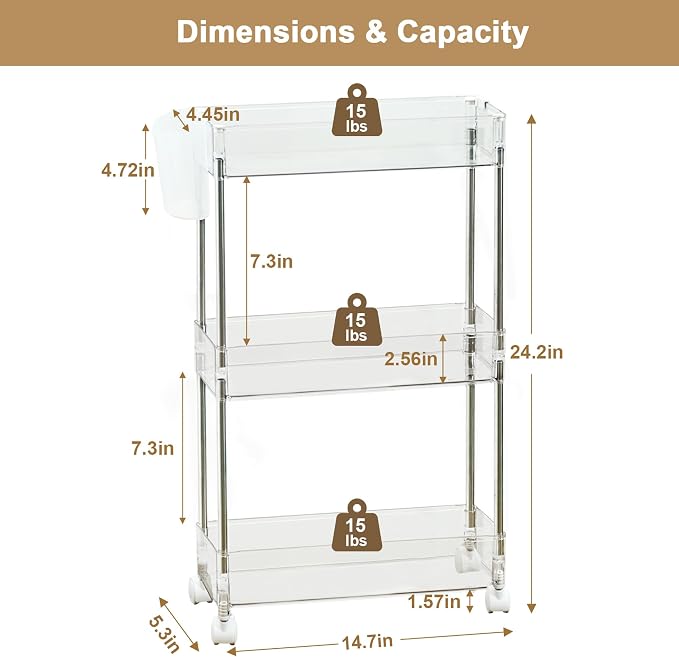 VECELO 3-Tier Acrylic Rolling Cart, Utility Cart for Kitchen Storage, Mobile Shelves Slide-Out Organizers with 2 Lockable Wheels&Hooks for Bathroom Laundry Room Living Room Office, Clear - Image 3