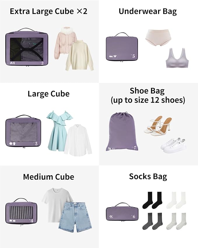 ECOHUB 7 Set Packing Cubes Tear-Resistant Luggage Packing Organizers with Number Icon for Travel Accessories Luggage Suitcase Machine Washable Packing Cubes (Purple) - Image 8