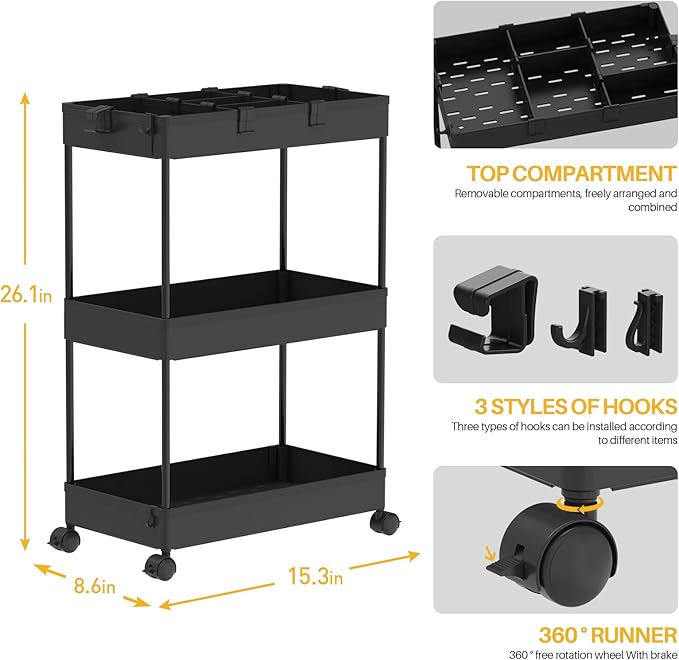 3 Tier Rolling Cart with Wheels, Storage Craft Art Trolley Organizer Serving, 3 Hanging Baskets Easy Assembly, for Office, Bathroom，Living Room, Kitchen, Black - Image 2