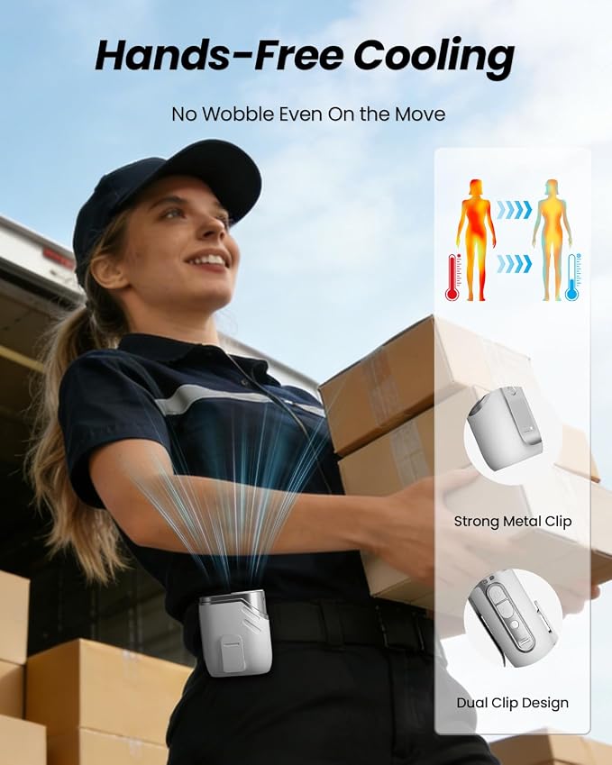 SWEETFULL Portable Fan Rechargeable - 5-oz Mini Hands-Free Personal Fans for Neck Waist, 100 Speed Turbo Airflow, Wearable Clip on Shirt Belt Fan for Body with LED Light, Travel Work Outdoor (White) - Image 4