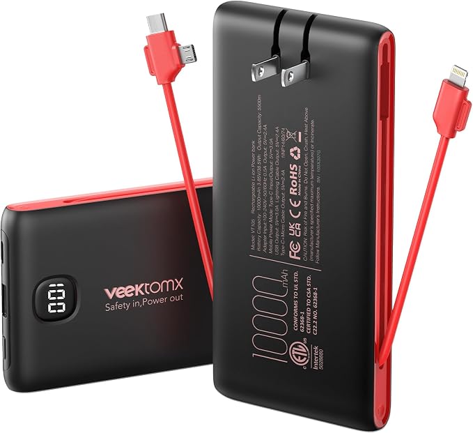 VEEKTOMX Portable Charger with Built-in Cables and AC Wall Plug, 10000mAh | Pocket-Size Travel Power Bank with USB-C and Micro-USB Cables for up to 4 Devices Including iPhone, iPad, Samsung, Red Black by VEEKTOMX
