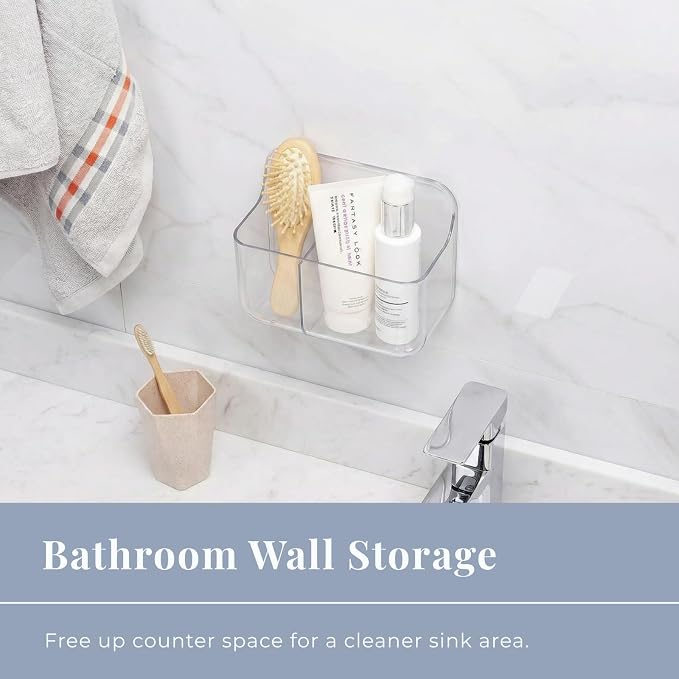 Adhesive Wall Organizer Bin, 2 Compartments, No-Drill, Clear | BPA-Free PET, Detachable, Divided Storage for Easy Sorting and Wet and Dry Separation, Drain Holes in Both Sections - Image 4