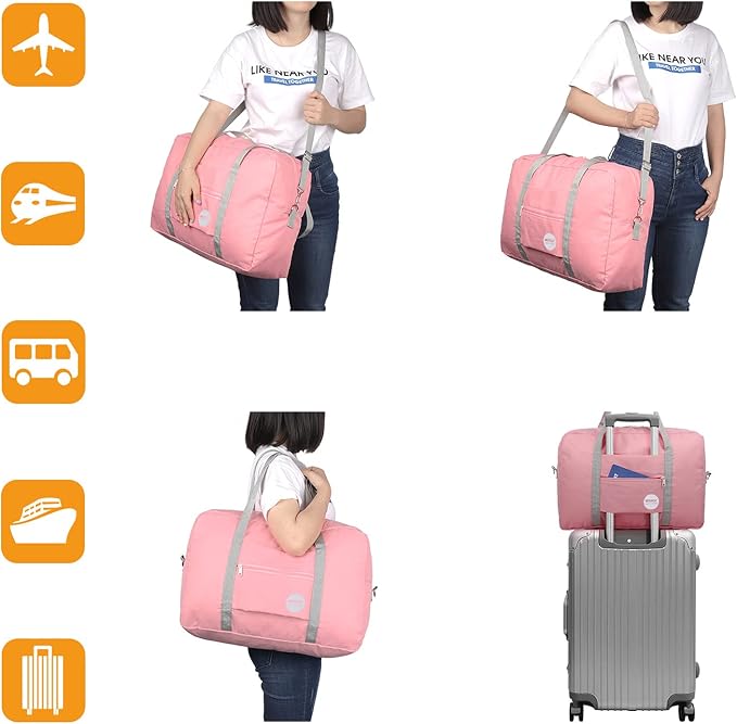 WANDF Foldable Travel Duffel Bag Luggage Sports Gym Water Resistant Nylon (D-Coral Pink with Strap) | 18x14x8 inches, Airline Underseat Aprroved, Weekend Overnight Trips, Lightweight Packable - Image 7