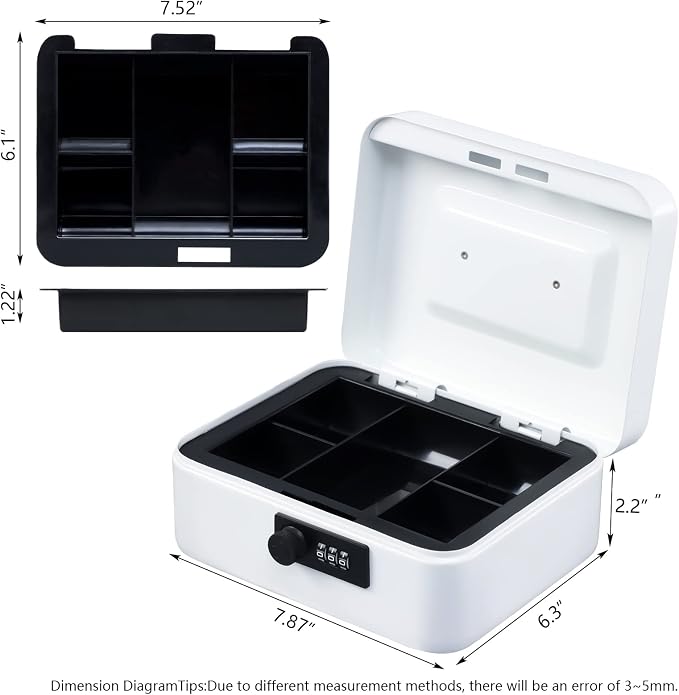 KYODOLED Cash Box with Combination Lock,Safe Metal Box for Money,Storage Lock Box with Money Tray,7.87"x 6.30"x 3.54" White Medium - Image 5