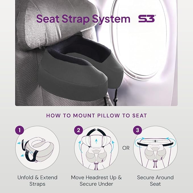 Cabeau Evolution S3 Airplane Travel Pillow for Long Flights - Supportive Memory Foam Body Positioner with Seat Straps to Secure Your Head and Neck and Provides 360 Support (Jet Black) - Image 4