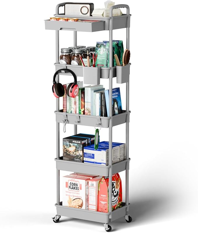 Sorgion 5 Tier Rolling Cart Organizer,Bathroom Cart Organizers with Wheels Laundry Room Organization Mobile Shelving Unit Utility Cart Storage Shelves Multi-Functional for Office, Home(Grey) by Sorgion