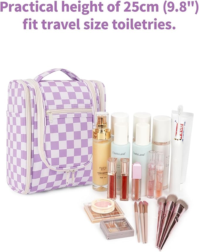 Narwey Small Checkered Hanging Travel Toiletry Bag for Women, Travel Bag for Toiletries, Makeup Bag Organizer Cosmetic Bags Make Up Bags for Women (Purple Checkerboard) - Image 4