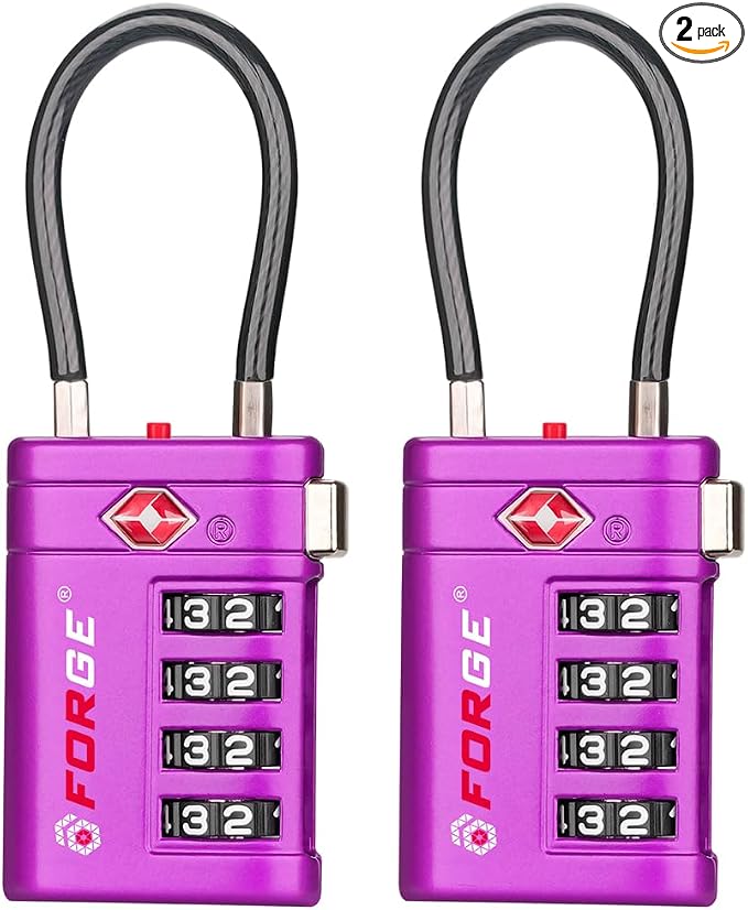 Forge TSA Approved Luggage Locks 4 Digit Combination TSA Travel Locks with TSA008, Open Alert Indicator, Zinc Alloy Body for Luggage, Suitcase, Backpack, and More. Purple 2 Locks. by Forge