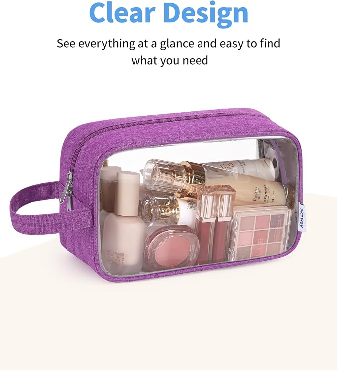Narwey Clear Travel Toiletry Bags for Traveling Toiletries Men Women, Clear Makeup Bag Cosmetic Bag with Zipper, Make Up Pouch Organizer Bag with Handle, Skincare Beach Snack Medicine Bag, Purple - Image 2
