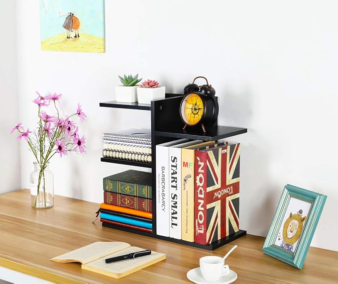 Wood Desktop Shelf Small Bookshelf Desk Supplies Organizers and Accessories Storage Display Rack Office Decor for Women, Black - Image 2