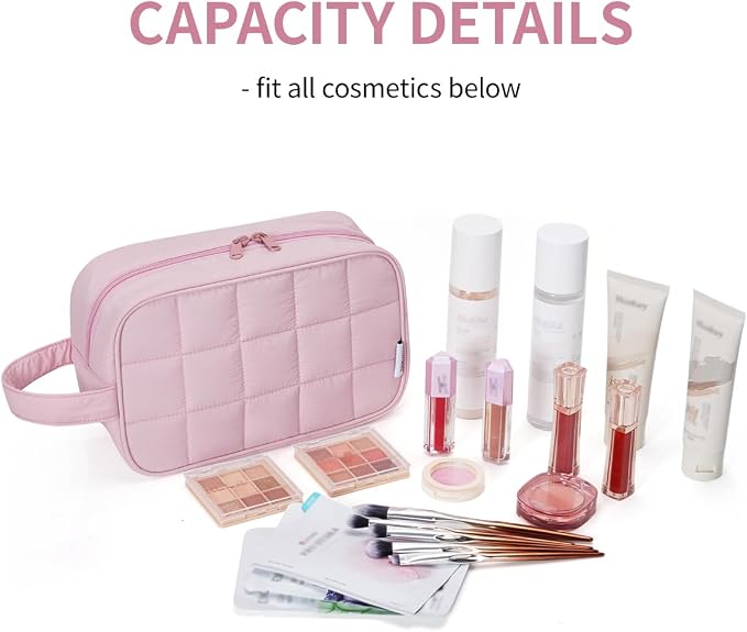 Narwey Quilted Makeup Bag Puffy Make up Bag Cosmetic Bag Organizer, Puffer Travel Toiletry Bag for Traveling Women Girls, Travel Bag for Toiletries, Skincare Medicine Bags (Pink) - Image 3
