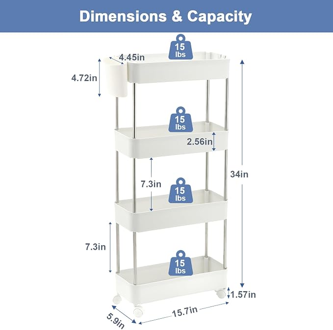 VECELO Storage Rolling Cart, 4 Tier Utility Cart Kitchen Slim Mobile Storage Unit Organizers with Wheels Hooks&Hanging Cups for Bedroom Bathroom Office Table Side in Narrow Places, White - Image 2