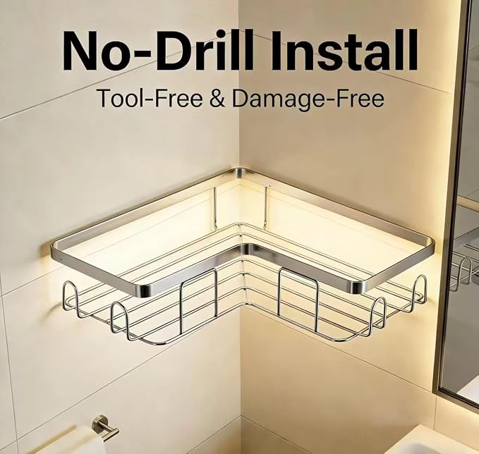 Shower Caddy 2 Pack, Stainless Steel No Drilling Adhesive Bathroom Organizer Shelf Rack, Corner Shower Shelf with Hooks for Home Decor & Storage - Image 7