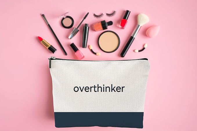 Funny Makeup Bag for Women - overthinker Relatable Quote Pouch - Minimalist Navy Blue Color Block Canvas Cosmetic Organizer - Unique Gift for Best Friend, Introverts & Mental Health Awareness - Image 4