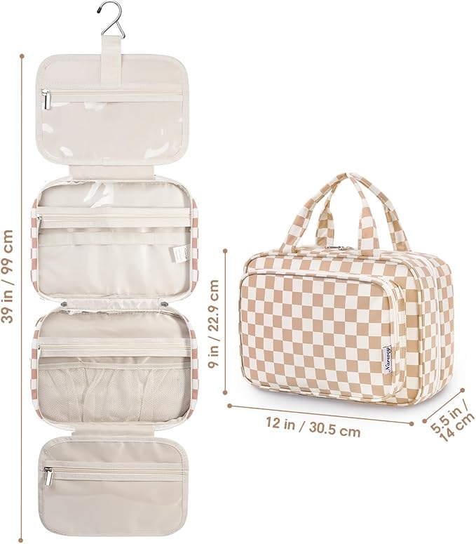 Narwey Travel Toiletry Bag for Women Large Hanging Makeup Bag Organizer Toiletries Bag for Full Size Essentials Accessories Cosmetics (Light Checkerboard (Large)) - Image 9