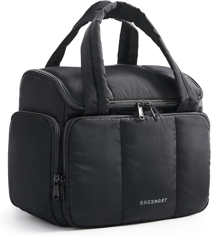 BAGSMART Travel Toiletry Bag for Women with Puffy Water-Resistant Fabric, Roomy Makeup Bag Organizer for Travel-Sized Toiletries & Accessories, Black by BAGSMART