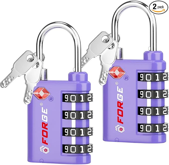 Forge Dual-Opening: Key or Combination Lock, TSA Approved Lock for Luggage, Pelican case, Travel, Gym, School, Luggage Combination Lock, Travel Bag Lock (Purple 2 Pk) by Forge