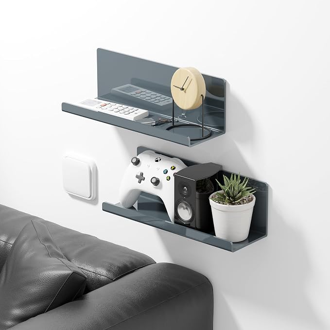 PAVSTINE Adhesive Floating Shelves for Wall No Drilling, 12 Inch Acrylic Self Adhesive Shelves, Stick on Shelves, Dorm Wall Shelf, for Bathroom, Kitchen, Bedroom, Office, Gaming Room, Gray - Image 2