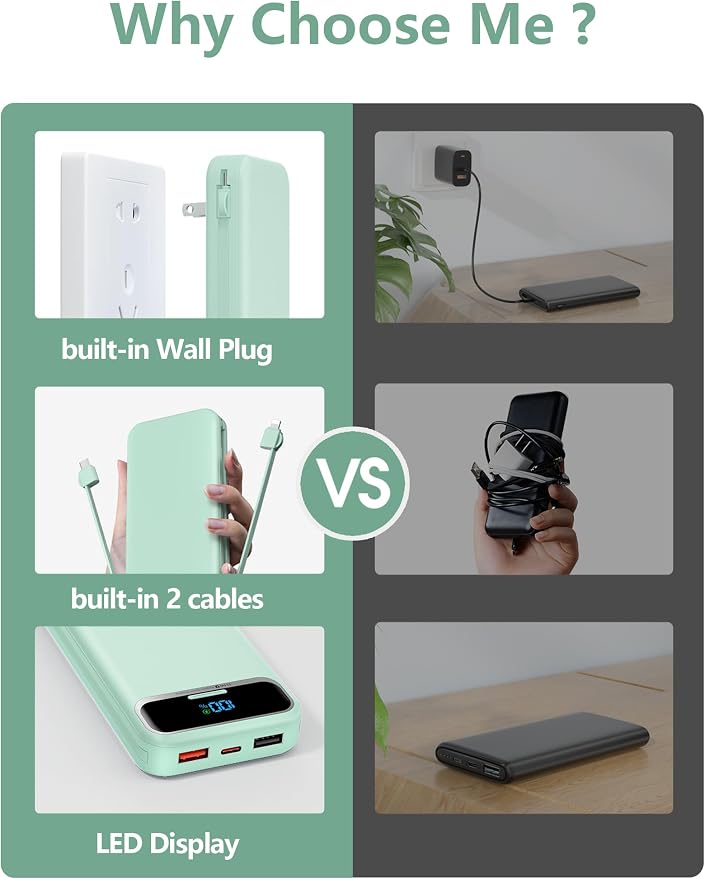 aonidi Portable Charger 12000mAh with Built-in Cables&AC Wall Plug, Green | PD20W USB C Fast Charging,LED Display External Travel Power Bank,TSA approved Battery Pack for All iPhone,Samsung,Android - Image 3