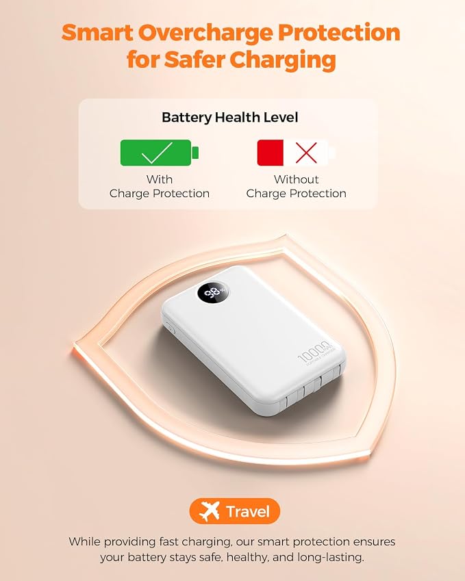 Portable Charger 10000mAh with 4 Built-in Cables 40% Smaller | Power Bank Fast Charging Battery Pack,LED Display Compact with Travel Charger for iPhone Other Devices-White - Image 8