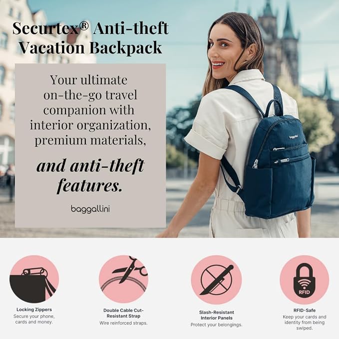 Baggallini Securtex® Anti-theft Vacation Travel Backpack 10x13 Slash-Resistant Nylon Daypack w/RFID, Charcoal - Image 2