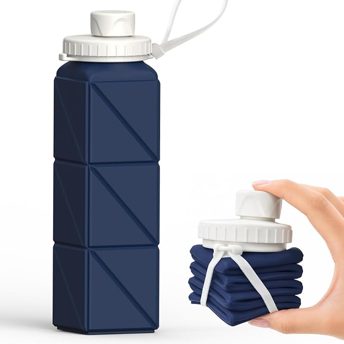 BEAUTAIL Collapsible Water Bottles 21oz/610mL, Silicone Travel Water Bottle | BPA Free, Leakproof & Reusable, Foldable Water Bottle for Traveling, Hiking, Gym, School, Sports, Outdoor, 1-Pack, Dark Blue by BEAUTAIL