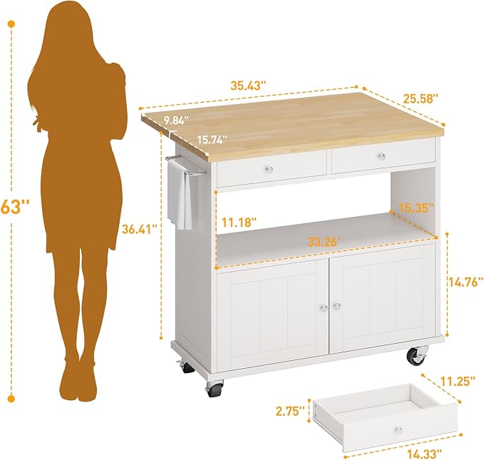 Rolling Kitchen Island with Folding Drop Leaf Breakfast Bar, 35.4'' W Kitchen Cart with Storage Cabinet and 2 Drawers, Portable Mobile Kitchen Island Table with Towel Rack, Lockable Wheels, White - Image 3