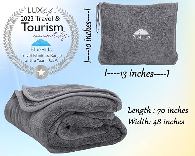BlueHills Long Travel Blanket Pillows for Two Airplane Traveling Essentials Flight Throws in Bag case with Backpack Clip Compact Large Plane Accessories – Gray and Pink - Image 4
