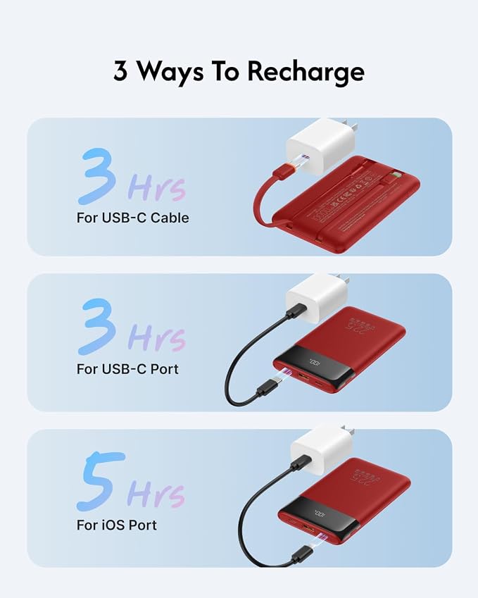 VEGER 10000mAh 22.5W Fast Charging Portable Charger with Built-in Cables | 0.4lb Slim USB C Power Bank, Small Battery Pack for iPhone 17/16/15/14/13/12 iPad Samsung, Flight Safe, Travel Essential, Red - Image 8