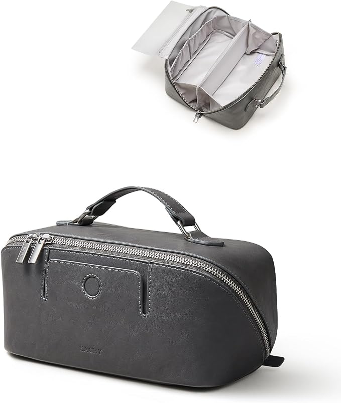 EACHY Travel Makeup Bag for Women, Provence Cosmetic Bag, Grey, Medium | Provence-style organizer with TPU brush holder, extra pockets and wipe-clean exterior for makeup and travel essentials by EACHY