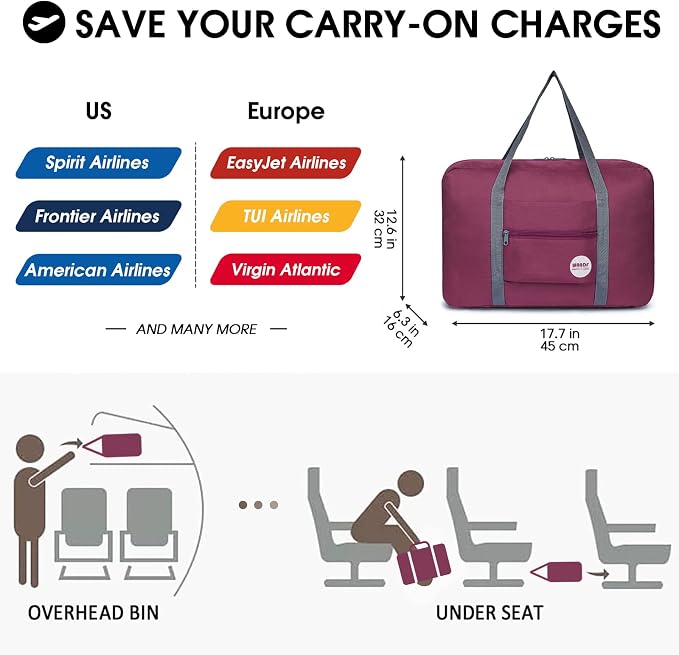WANDF Foldable Travel Duffel Bag Luggage Sports Gym Water Resistant Nylon (Wine Red) | 18x14x8 inches, Airline Underseat Aprroved, Weekend Overnight Trips, Lightweight Packable - Image 2