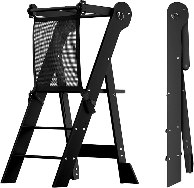 COSYLAND Foldable Toddler Kitchen Stool Helper - Height Adjustable Standing Tower for Bathroom Sink or Kitchen Counter - Step Stool for Toddlers Ages 18 Months to 6 Years Black by COSYLAND
