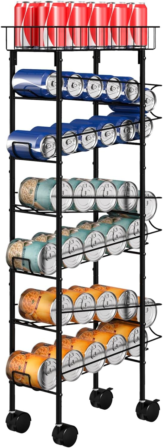 MOOACE Slim Soda Can Organizer Rack, Canned Food Organizer with Wheels | Cans Dispenser Shelf, Rolling Kitchen Storage Carts, Beverage Soup Cans Drink Holder for Pantry Narrow Space, Black - Image 2