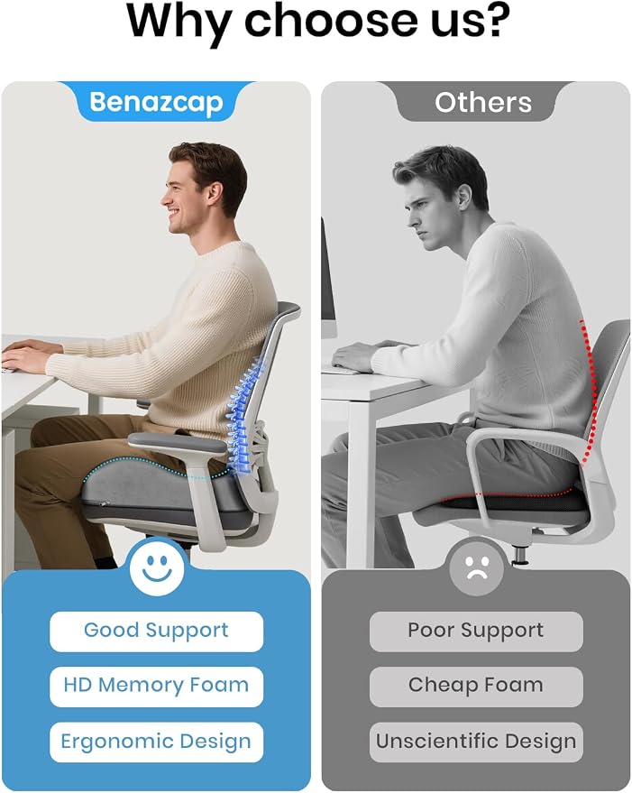 Benazcap Seat Cushion - Memory Foam Car Seat Pad - Sciatica & Lower Back Pain Relief - Car Seat Cushions for Driving - Road Trip Essentials for Drivers, Grey - Image 5