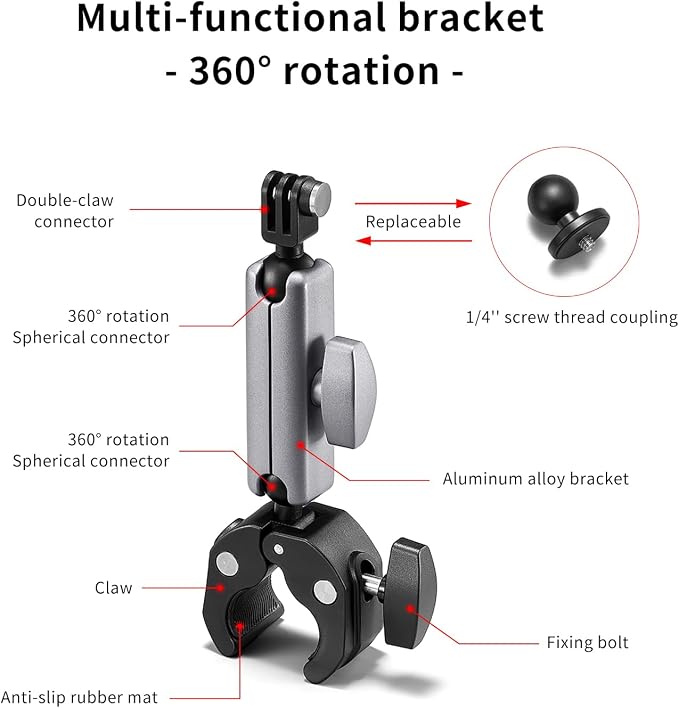 Clamp Camera Mount, Bike/Bicycle/Motorcycle Handlebar Mount for DJI camera | Action 6/5 Pro/4 3/Osmo Nano/Hero 13 12 11 10 9 8 7/Insta 360 X4 X5, with 360° Dual Ball Head, 1/4" Thread Interface Arm - Image 2
