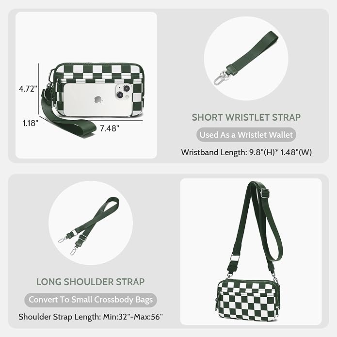 FODOKO Wristlet wallets for Women RFID crossbody bags with 4 Zippers | Checkered quilted nylon with credit card slots, cell phone organizer, and coin purse for travel and everyday carry - Image 5