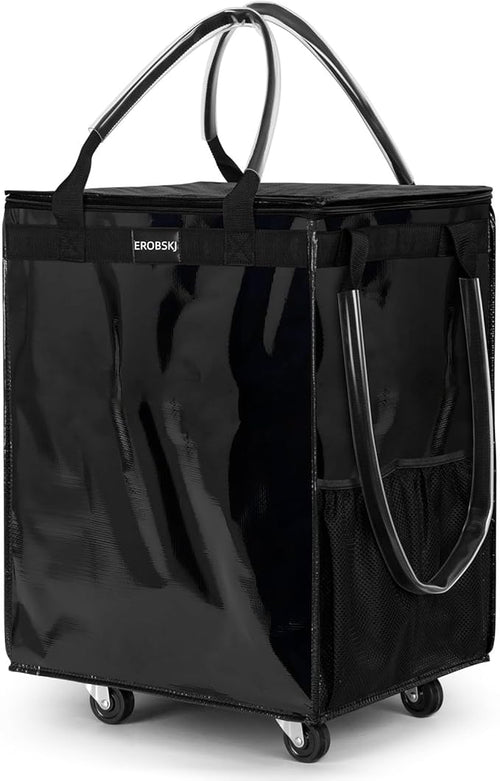 (Medium,Black) Reusable Grocery Bag on Wheels, Foldable Rolling Tote Bag | 70L Shopping Trolley, Zipper Clouser Shopping Carts for Groceries, Laundry, Camping, Moving, 4 Heavy Duty Wheels by EROBSKJ