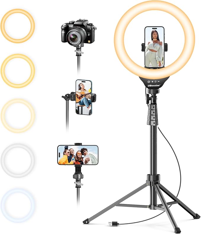 UBeesize 12" LED Ring Light with 62" Tripod Stand, Phone Holder & Remote | Dimmable Selfie Light for Video Recording, Live Streaming, TikTok, YouTube, Makeup, Compatible with iPhone & Android (Black) by UBeesize