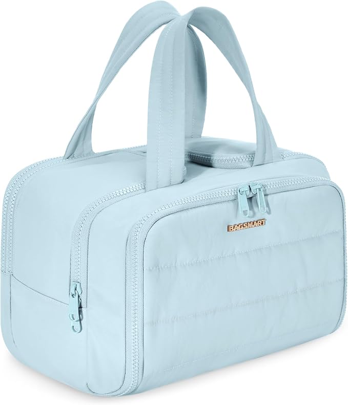 BAGSMART Travel Toiletry Bag, Crush Toiletry Bag for Women, Wide-open Puffy Toiletry Bags for Traveling, Large Travel Cosmetic Makeup Bag Organizer for Accessories,Toiletrie, Blue by BAGSMART