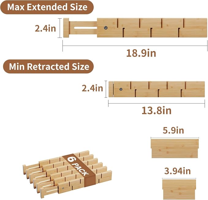 Bamboo Drawer Dividers 6 Pack with Inserts, Kitchen Adjustable Drawer Organizers for Home, Bedroom, Dresser, Expandable Organization 6 Dividers with 12 Inserts - Image 3