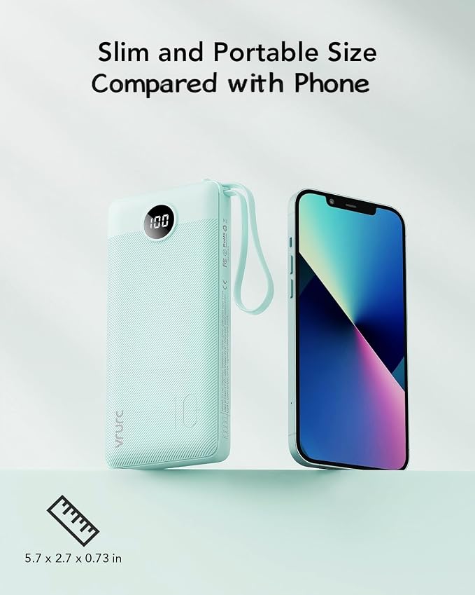 VRURC Power Bank with Built-in Cables,USB C Portable Charger for iPhone | 10000mAh Slim Charging Bank with Lanyard, Perfect for Travel, Work, School and Daily Carry-Green - Image 5