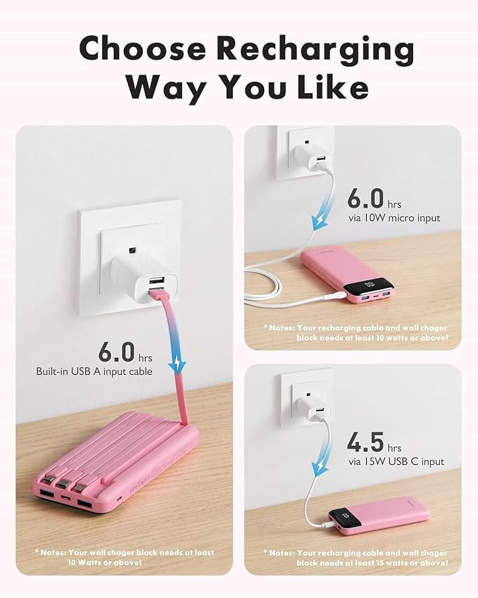 charmast Portable Charger with Built-in Cables X 4, Portable Phone Charger | 10000mAh USB C Battery Pack for All Phones Tablets,Cables Reinforced,Charge 6 Devices at Once,for Women Teens Students - Image 4