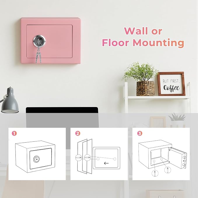 Small Safe Box for Home,Wall Safes 0.23 Cubic Feet, Heavy Duty Steel Safety Lock Box with 3 Keys for Money, Passort, Jewelry 9.06"x 6.69"x 6.69" Pink - Image 5