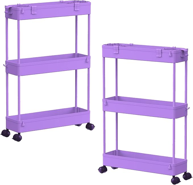 2-piece Set Slim Storage Cart 3 Tier,Bathroom Organizer Rolling Utility,Mobile Shelving Unit Slide Out for Office, Kitchen, Laundry Room & Narrow Places by Home