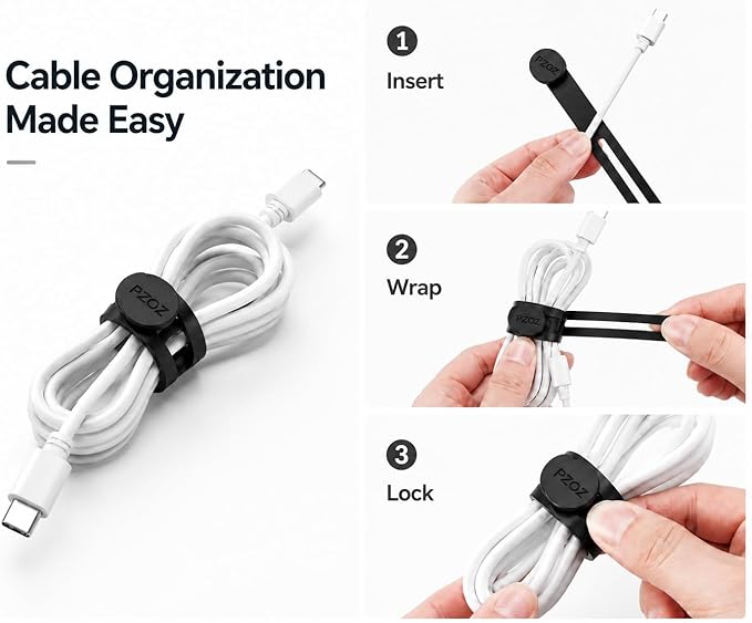PZOZ Silicone Cable Ties 10 Pack, Reusable Cable Organizer Straps for Cords | Reusable silicone straps keep cables organized, reduce clutter, and create a clean, tidy workspace at home or office. - Image 3