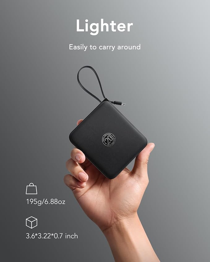 VRURC Portable Charger with Built-in Cables, 10000mAh 22.5W Fast Charging USB C Power Bank with LED Digital Display, Slim Battery Pack for iPhone 17/16/15 & Samsung Galaxy & Android Phones (Black) - Image 5