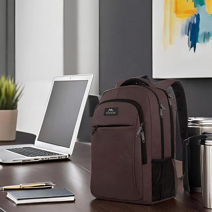 MATEIN Brown 32L Laptop Backpack, 15.6 Inch Water Resistant Work School Bag | Sturdy Casual Daypack, Carry On Underseat Personal Item Bag, Travel Luggage Backpack for Airlines, Hidden Anti Theft Pocket - Image 2