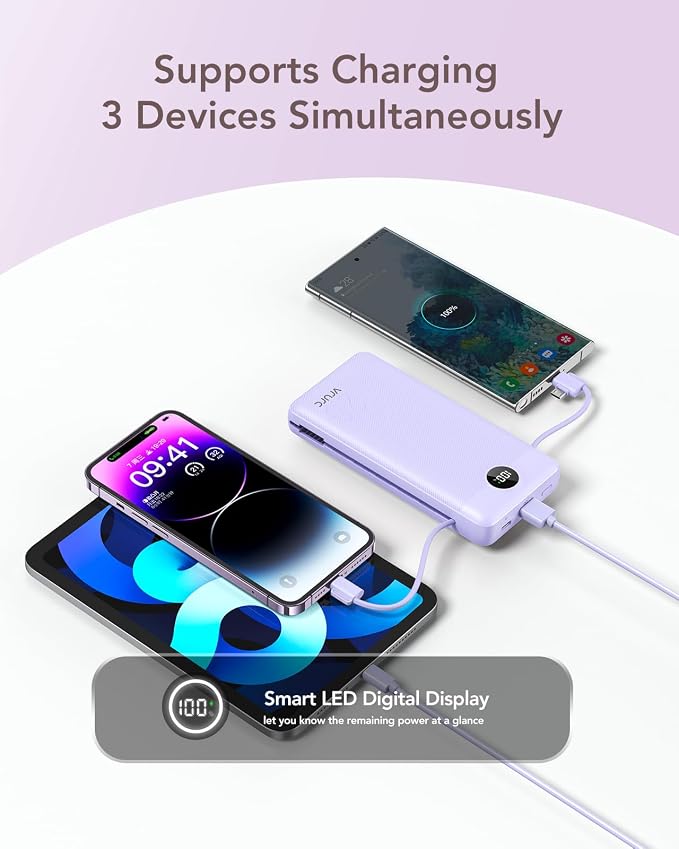 VRURC Portable Charger 20000mAh, Fast Charging Power Bank USB C,4 Output 2 Input Travel Essentials Charging Bank Equipped with LED Display,Built-in Wall Plug and Cables,Phone Charger Battery,Purple - Image 7