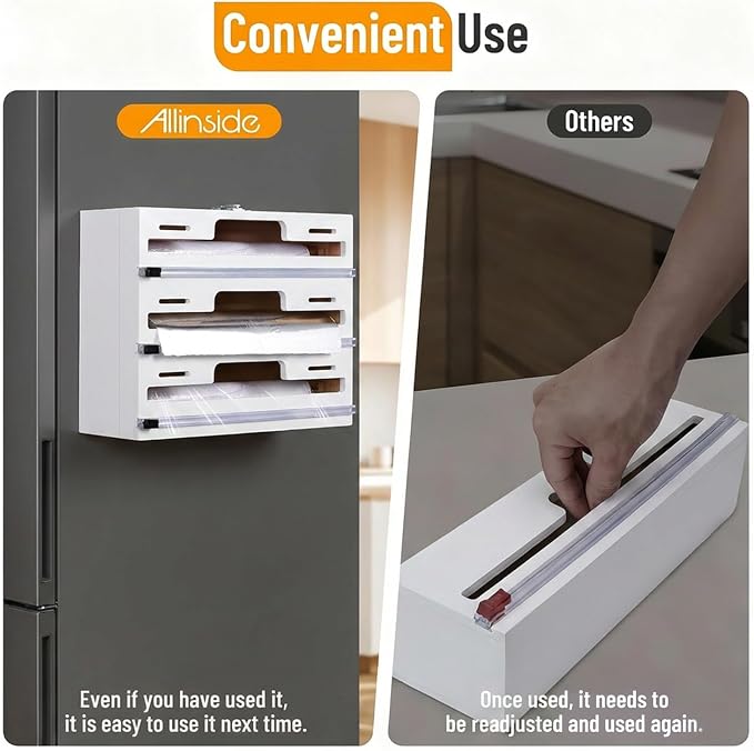 Allinside Magnetic Plastic Wrap Dispenser with Cutter, 3 in 1 Refrigerator Bamboo Wood Organizer for Tin Foil, Baking, Wax Paper Holder Kitchen Storage Box Compatible with 12.9" Roll, White (3 Layer) - Image 4